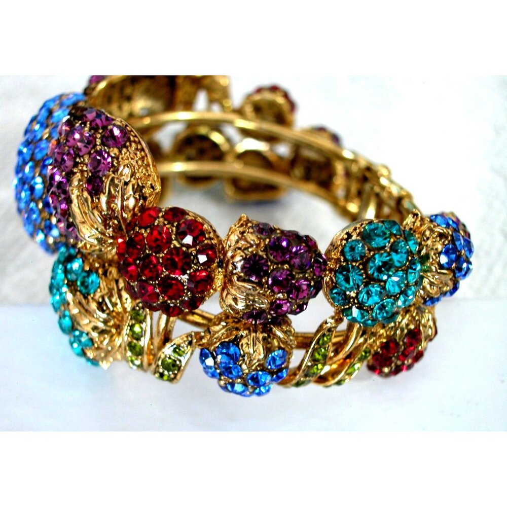 Vintage Gold-Tone Hinged Bracelet With Multicolor Rhinestone-Filled Floral Desig